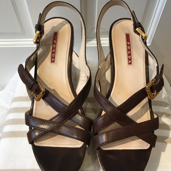 Prada espadrille wedges brown leather sz 37.5 euc - Picture 2 of 7